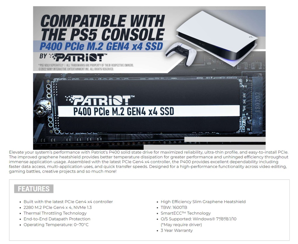 Patriot P400 1TB M.2 2280 PCIe Gen4 NVMe SSD P400P1TBM28H PCByte Malaysia