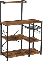 VASAGLE Rustic Brown Baker’s Rack with Shelves, Wire Basket and 6 S-Hooks