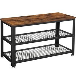 VASAGLE Rustic Brown and Black Shoe Rack Bench with 2 Mesh Shelves