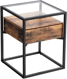 VASAGLE Rustic Brown and Black Tempered Glass Side Table with Drawer and Shelf