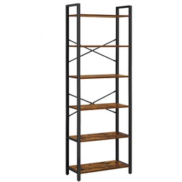 VASAGLE Industrial Design Brown Black 6-Tier Bookcase Storage Shelf with Steel Frame